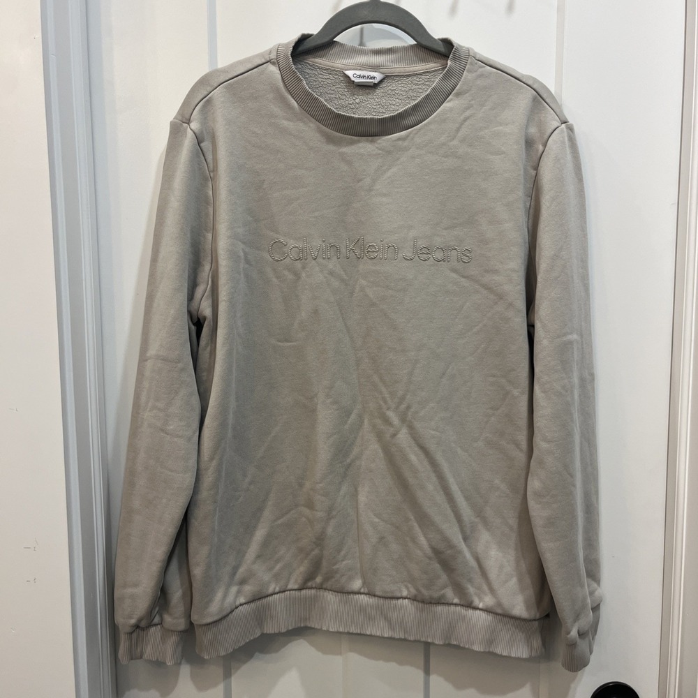 Calvin Klein Crew Neck Fleece Sweater Beige Mens Size Large Logo Tan